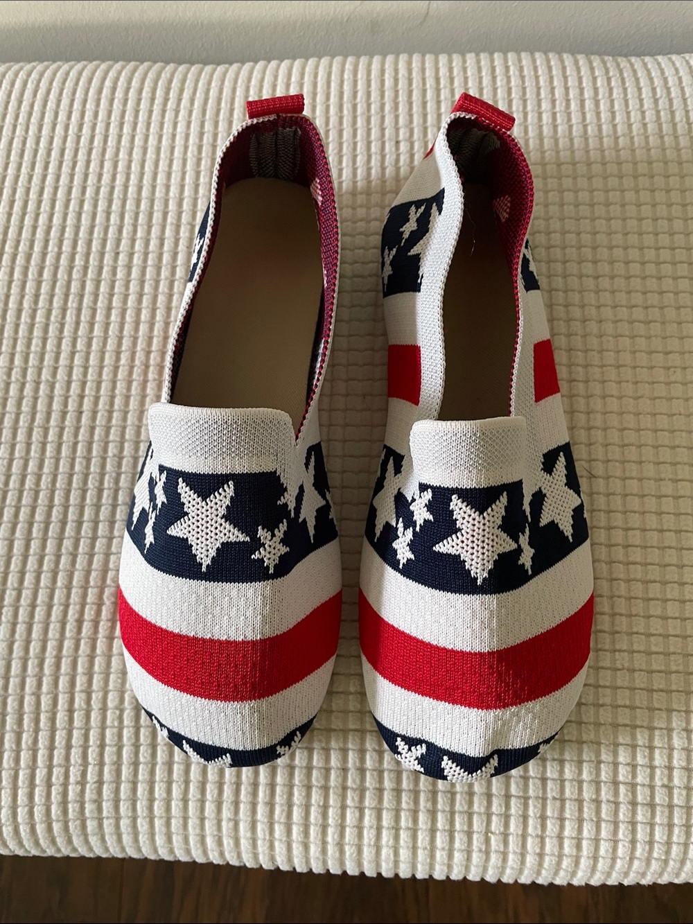 Patriotic Slip-On Women's Knit Flats - Red, White & Blue Size 38